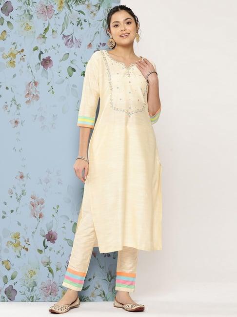 fashor cream embroidered kurta pant set