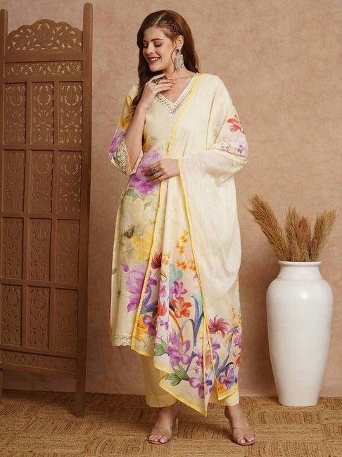 fashor cream floral print kurta & pant set with dupatta