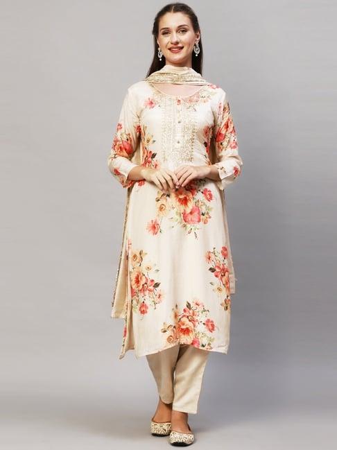 fashor cream floral print kurta pant set with dupatta