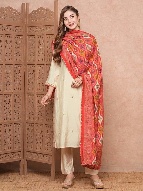 fashor cream plain kurta & pants set with dupatta