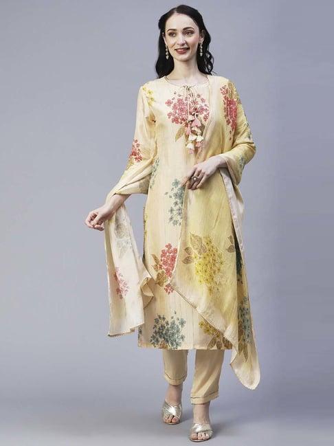 fashor cream printed kurta pant set with dupatta