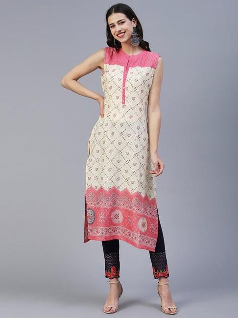 fashor cream printed straight kurta