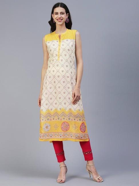 fashor cream printed straight kurta