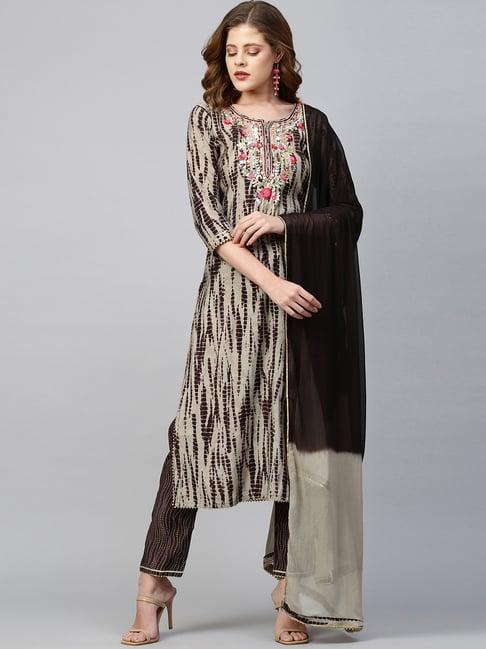 fashor dusty beige & brown embroidered kurta pant set with dupatta