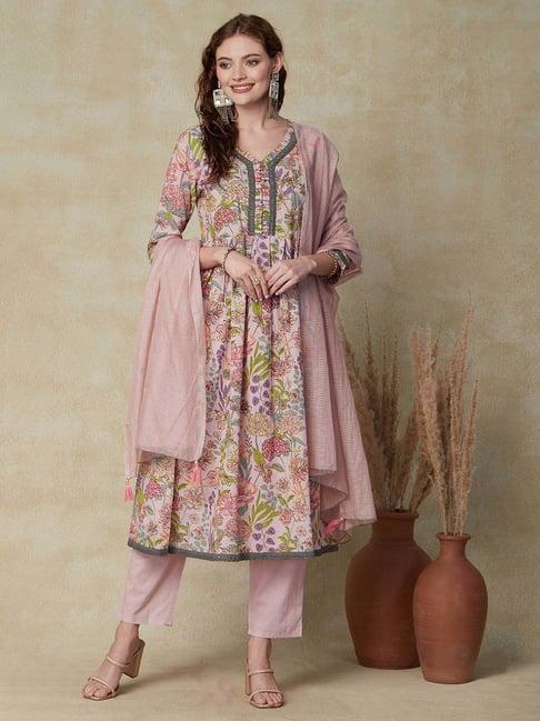 fashor dusty pink cotton floral print kurta pant set with dupatta