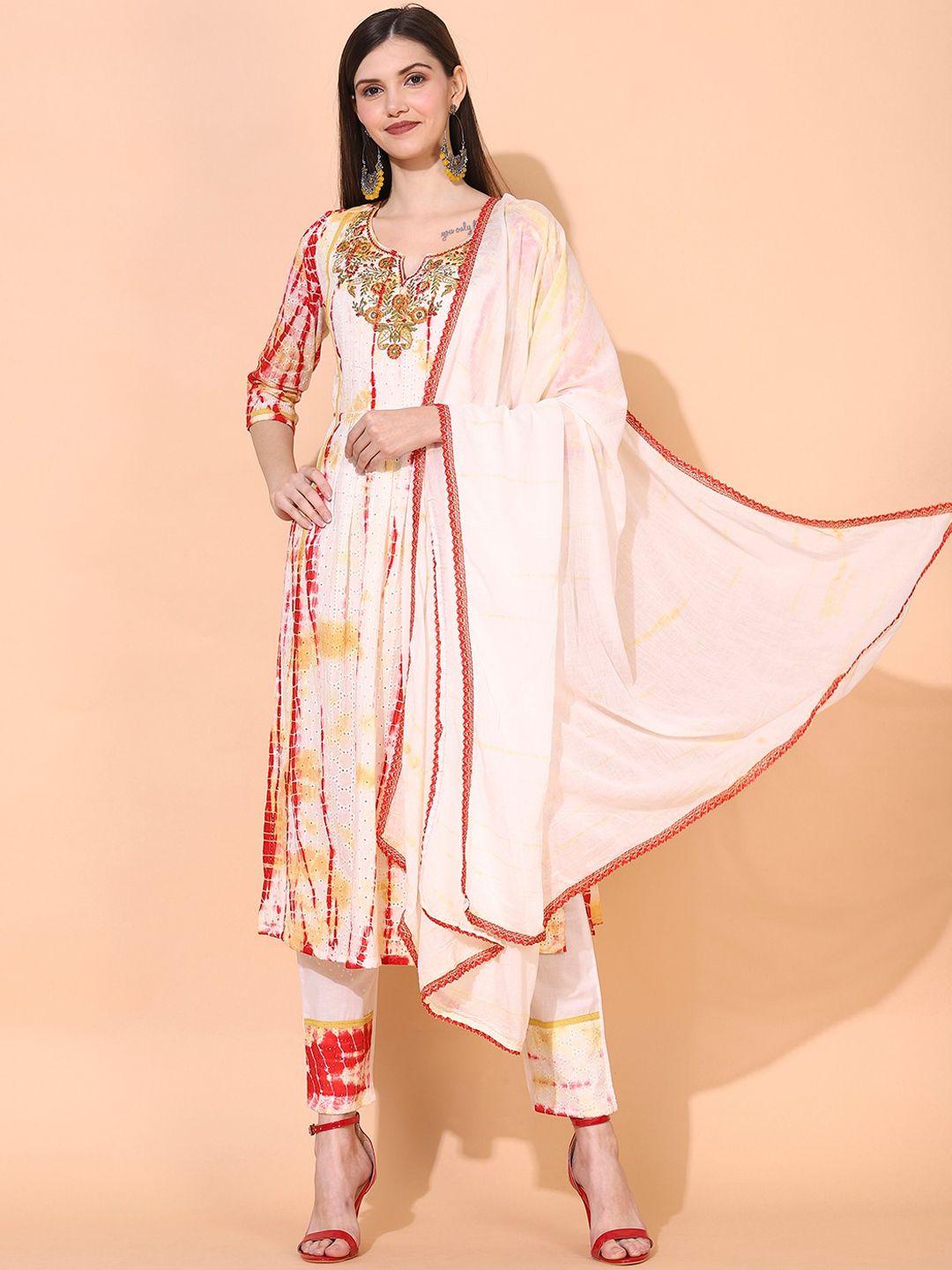 fashor dyed thread work shibori pure cotton a-line kurta with trousers & dupatta