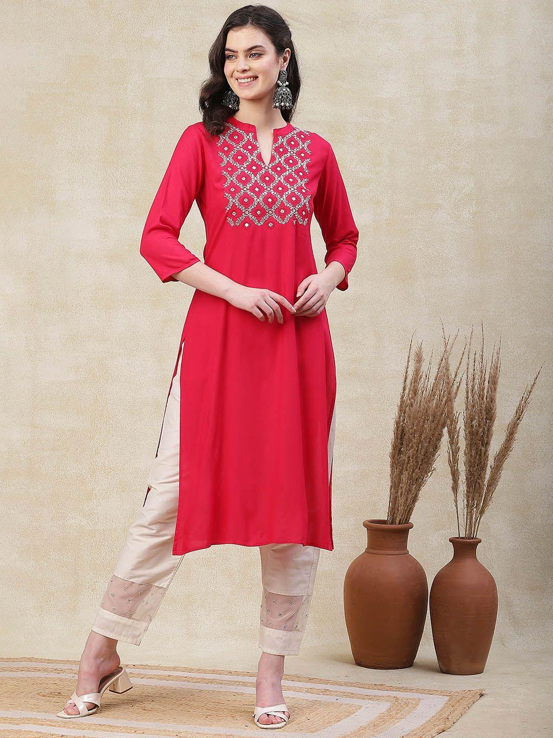 fashor embroidered mandarin collar a line thread work straight kurta