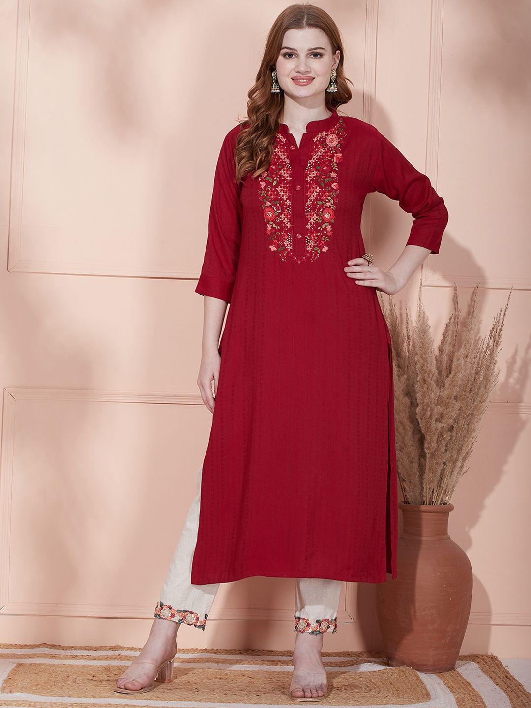 fashor embroidered mandarin collar straight kurta