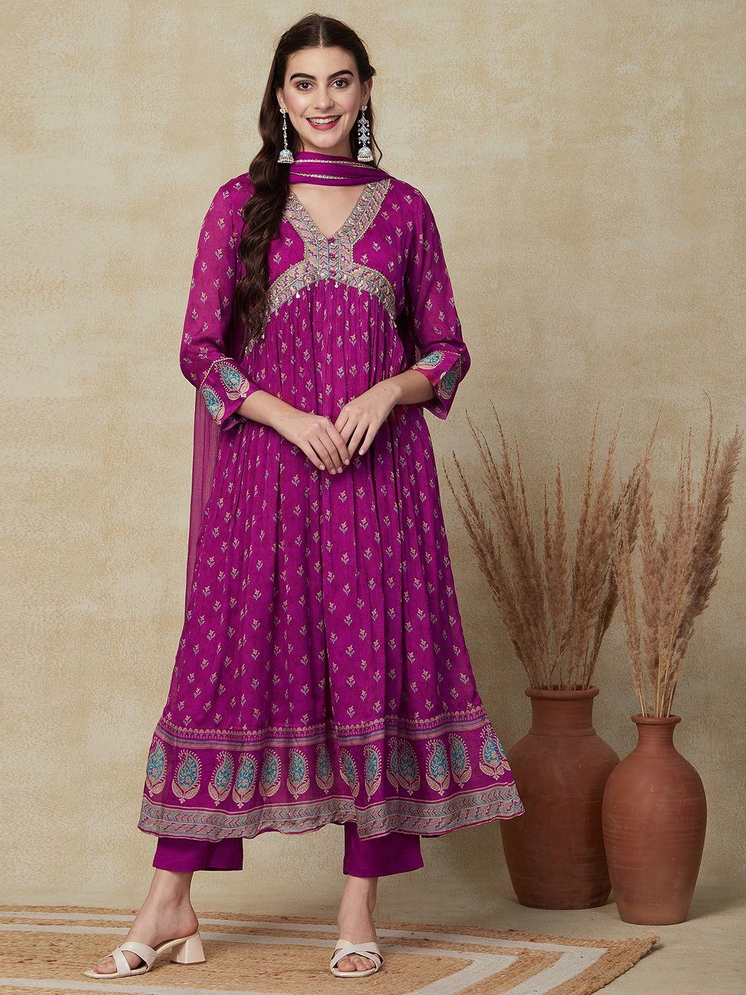 fashor embroidered pleated a-line kurta with trousers & dupatta