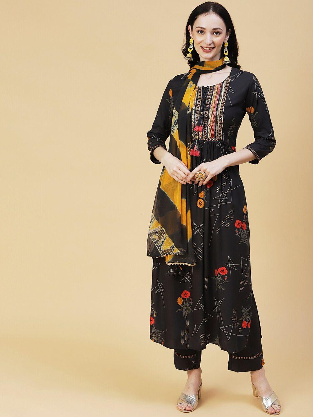 fashor ethnic embroidered pleated sequined tie-up neck kurta with trousers & dupatta