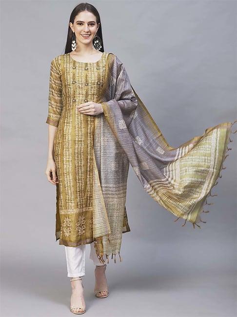 fashor ethnic green printed & hand embroidered straight kurta with dupatta