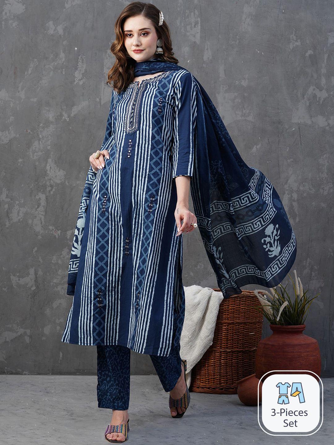 fashor ethnic motif printed thread work pure cotton kurta with trousers & dupatta