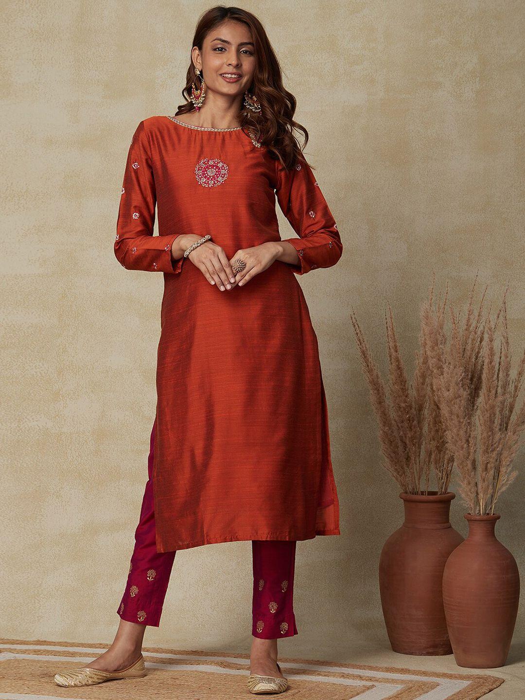 fashor ethnic motifs embroidered boat neck thread work straight regular kurta