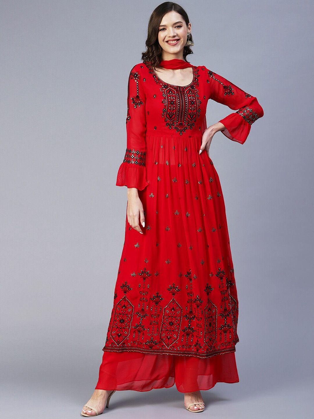 fashor ethnic motifs embroidered empire sequinned kurta with palazzos & with dupatta