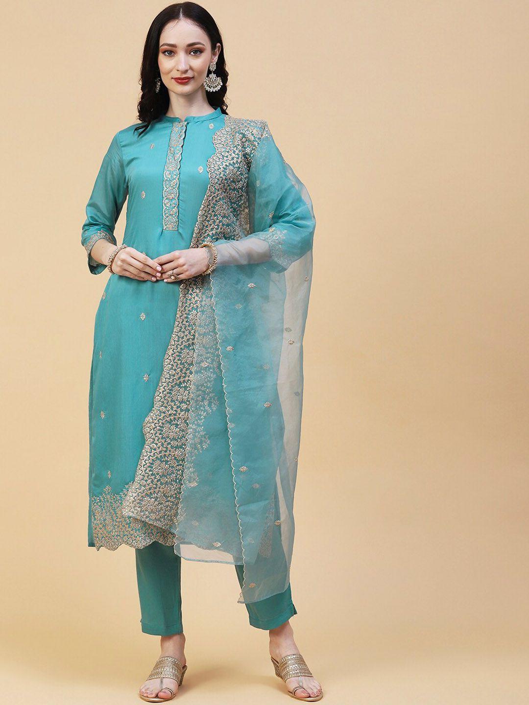 fashor ethnic motifs embroidered mandarin collar sequinned kurta with trousers & dupatta