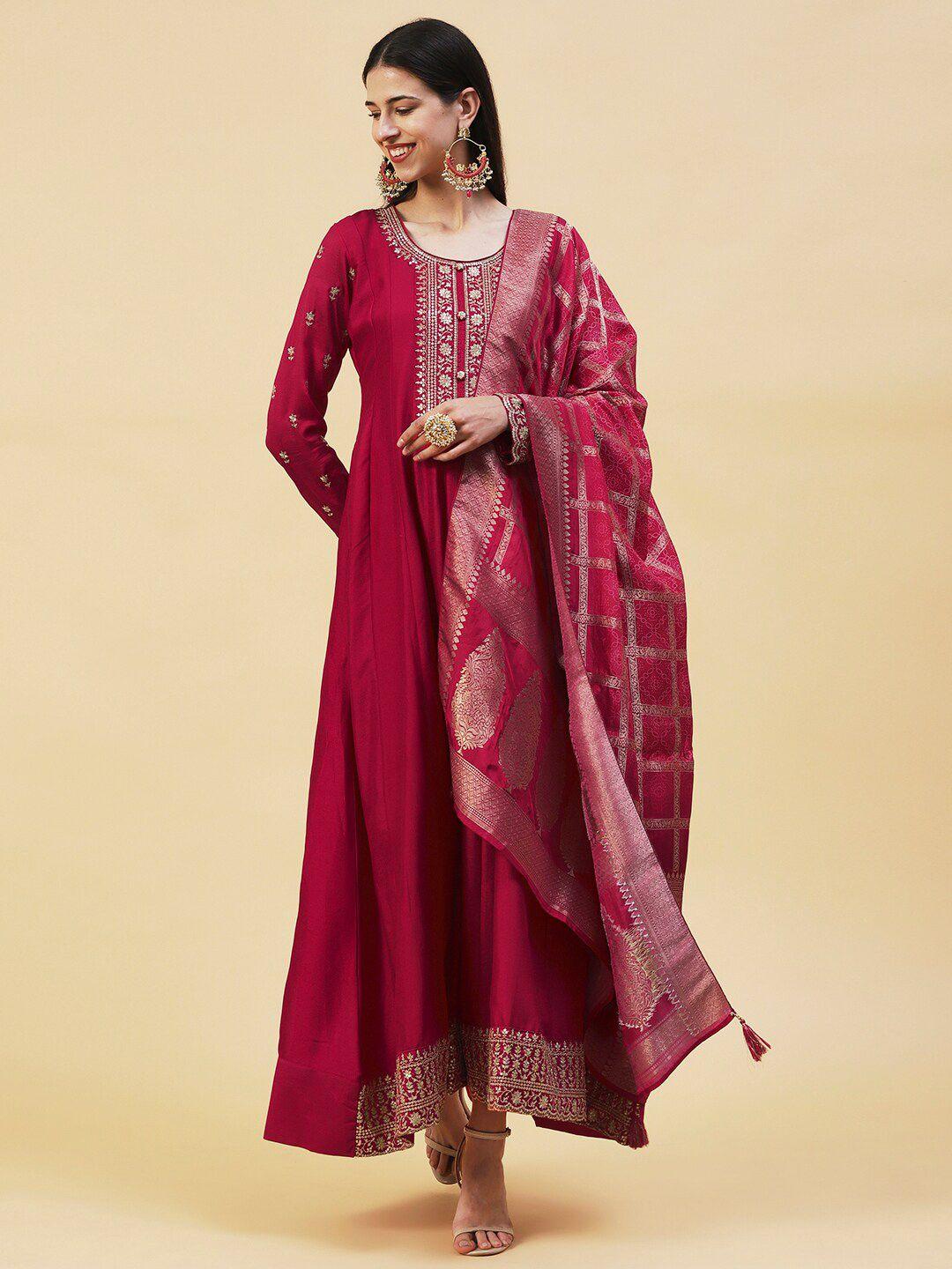 fashor ethnic motifs embroidered maxi ethnic dress with dupatta