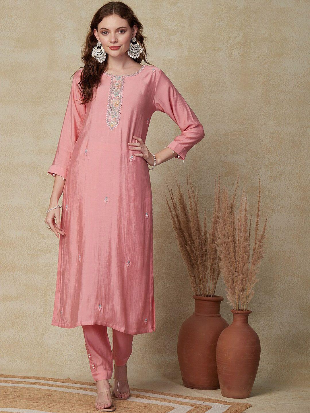 fashor ethnic motifs embroidered mirror work kurta & trousers with dupatta