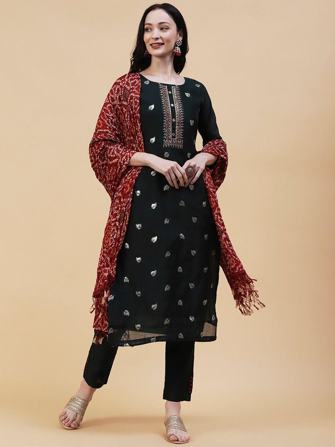 fashor ethnic motifs embroidered mirror work kurta with trousers & dupatta