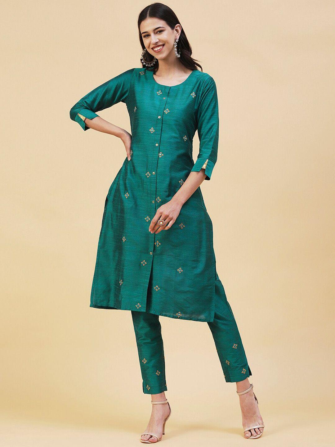 fashor ethnic motifs embroidered mirror work straight kurta with trousers