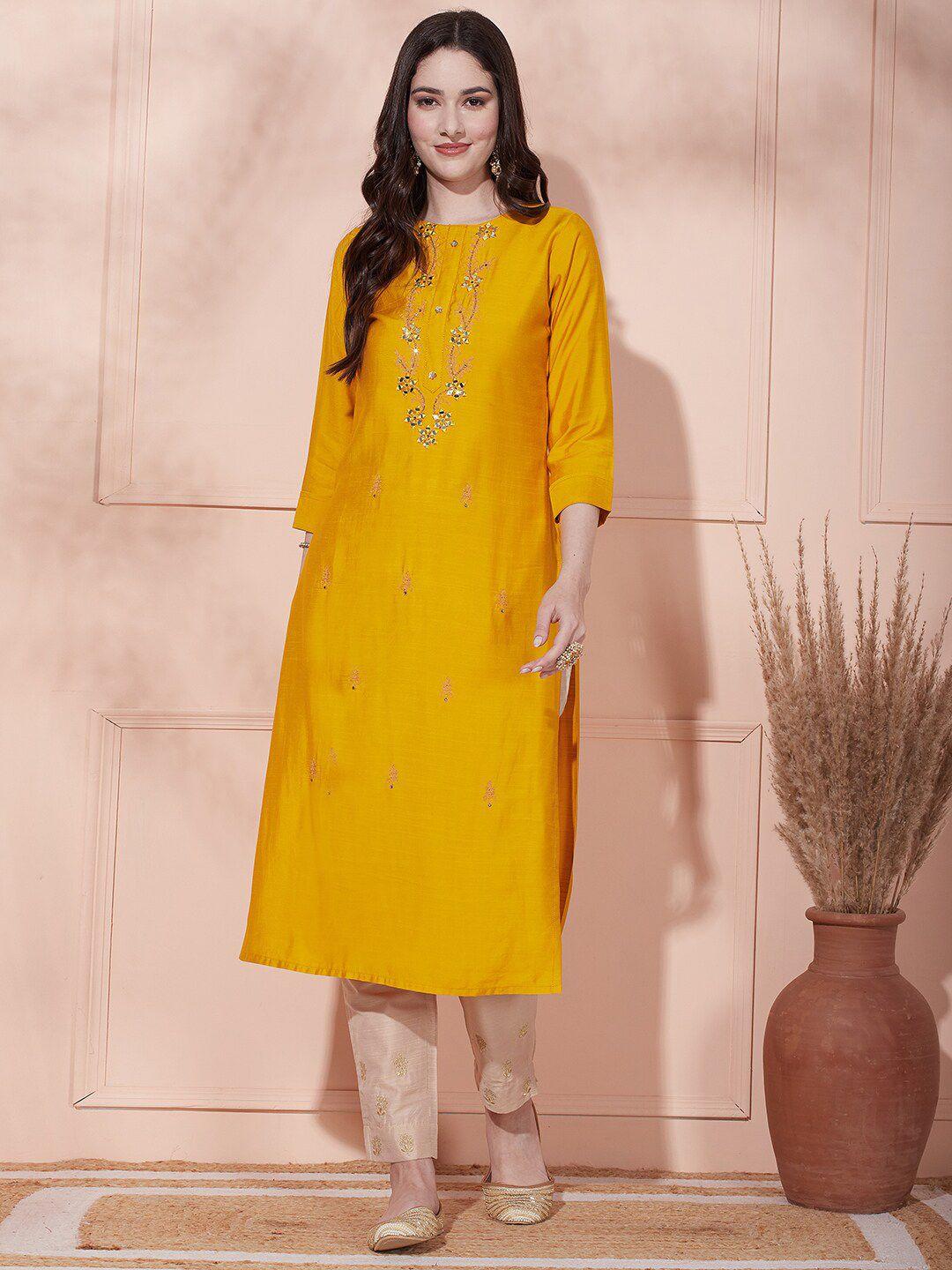 fashor ethnic motifs embroidered mirror work straight kurta