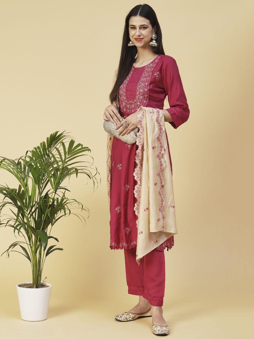 fashor ethnic motifs embroidered pleated kurta with trousers & with dupatta