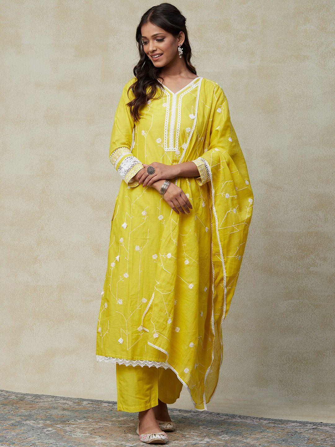 fashor ethnic motifs embroidered pure cotton kurta with trousers & dupatta