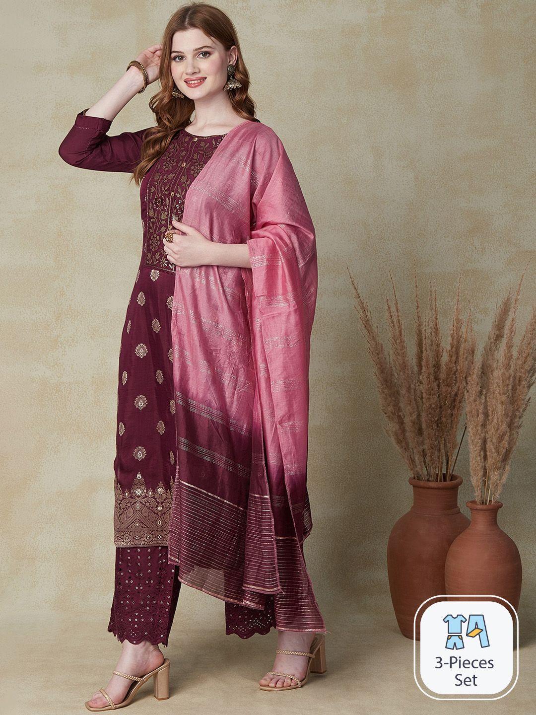 fashor ethnic motifs embroidered regular kurta with palazzos & dupatta