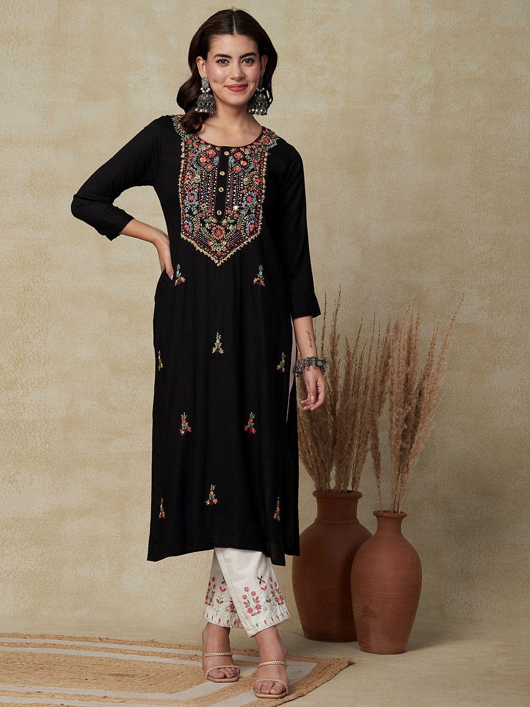 fashor ethnic motifs embroidered round neck regular sleeves straight fit kurta