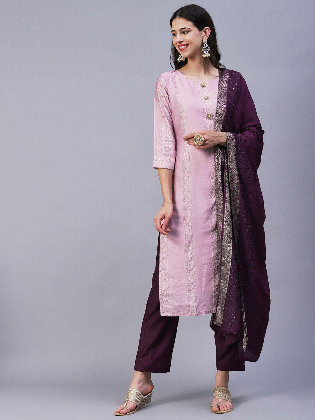 fashor ethnic motifs embroidered sequinned kurta with trousers & dupatta