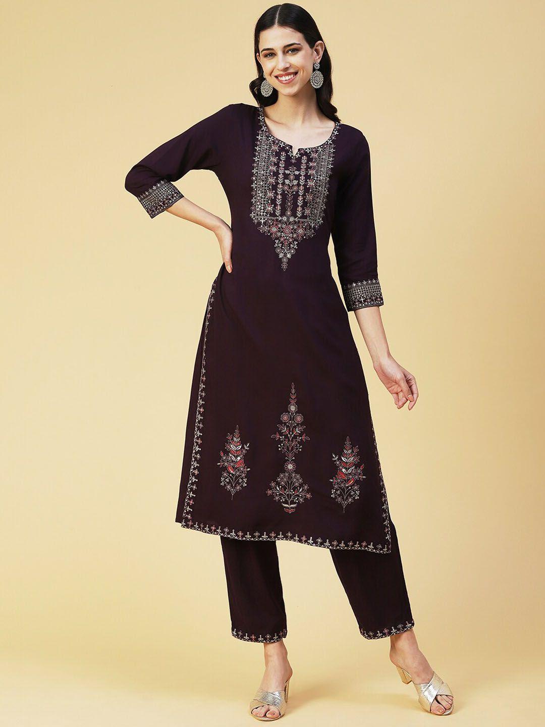 fashor ethnic motifs embroidered sequinned kurta with trousers