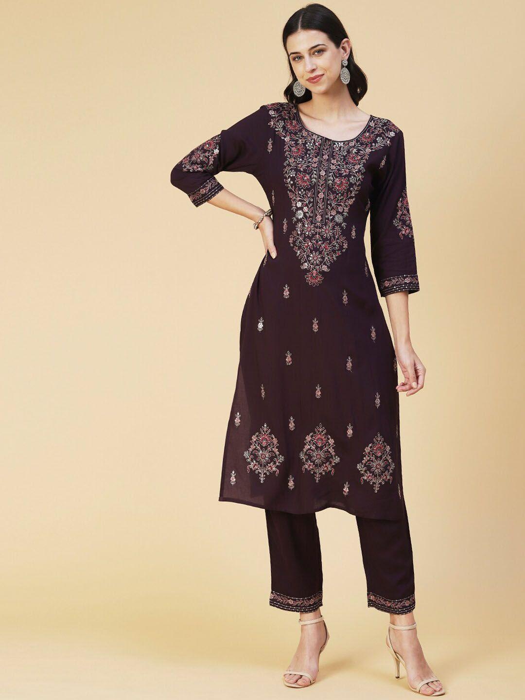 fashor ethnic motifs embroidered sequinned kurta with trousers