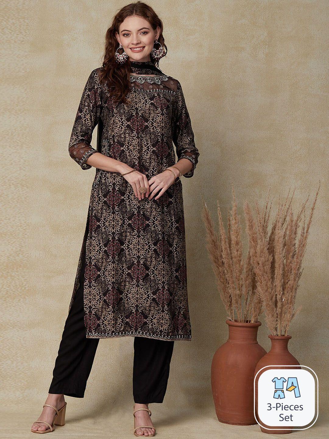fashor ethnic motifs embroidered sequinned straight kurta with trousers & dupatta