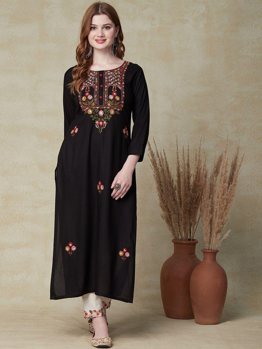 fashor ethnic motifs embroidered thread work straight regular kurta