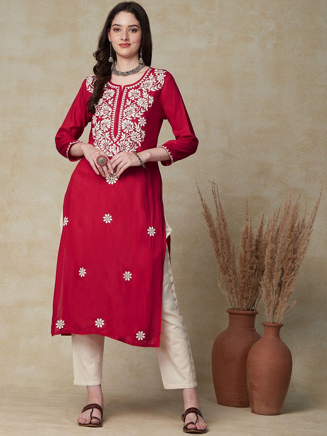 fashor ethnic motifs embroidered thread work straight regular kurta