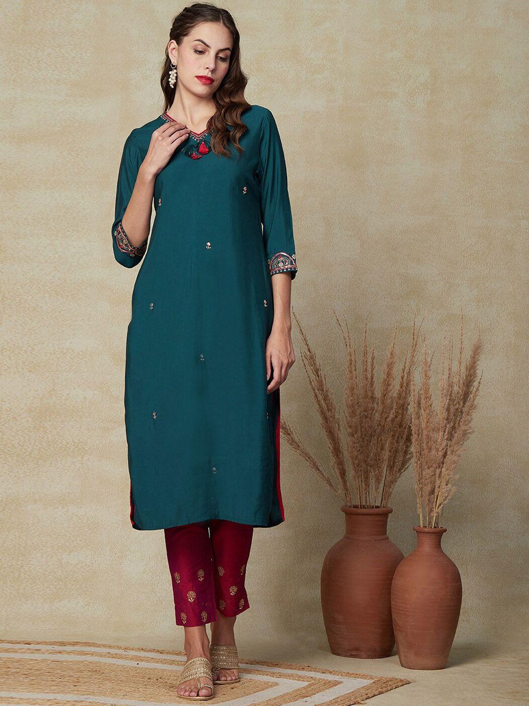 fashor ethnic motifs embroidered v-neck sequinned straight kurta