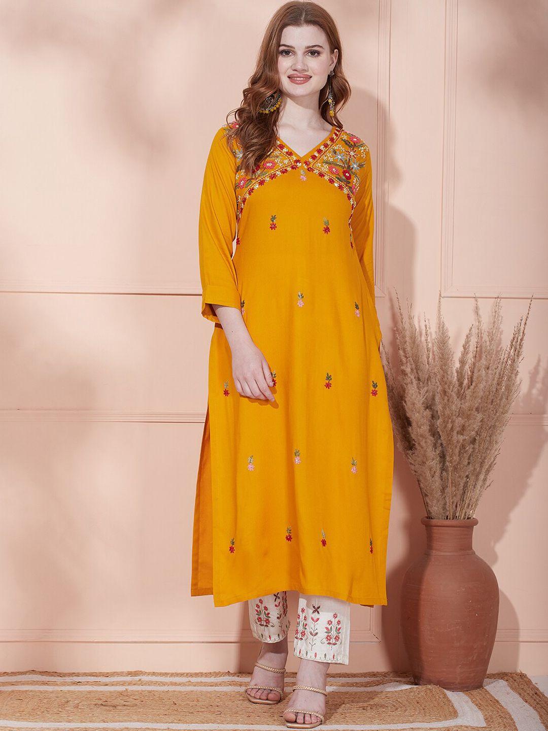 fashor ethnic motifs embroidered v-neck straight kurta