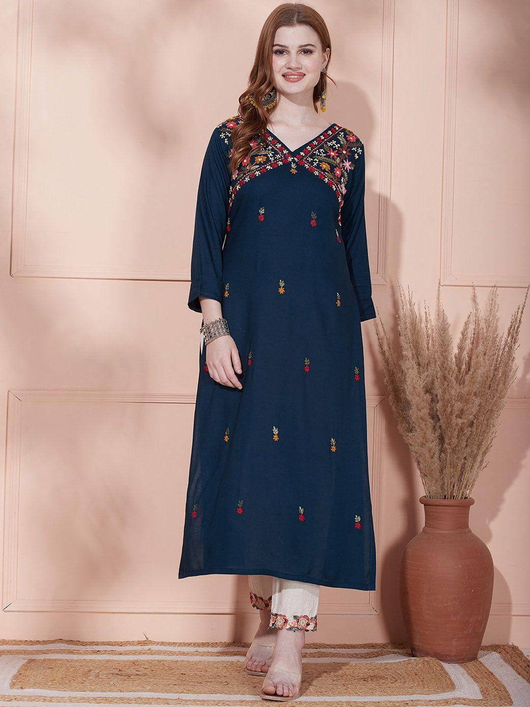 fashor ethnic motifs embroidered v-neck straight kurta