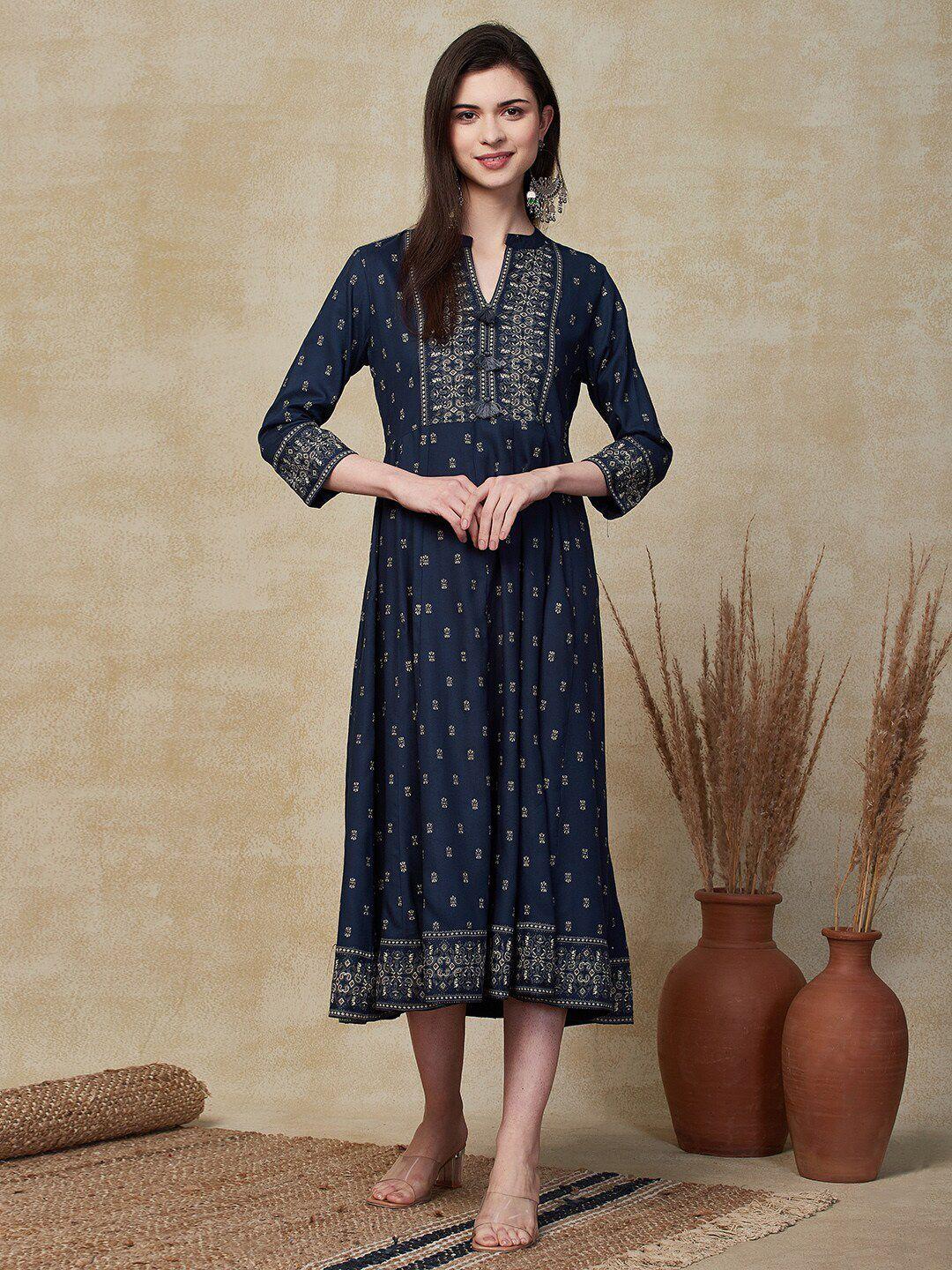 fashor ethnic motifs print a-line midi dress