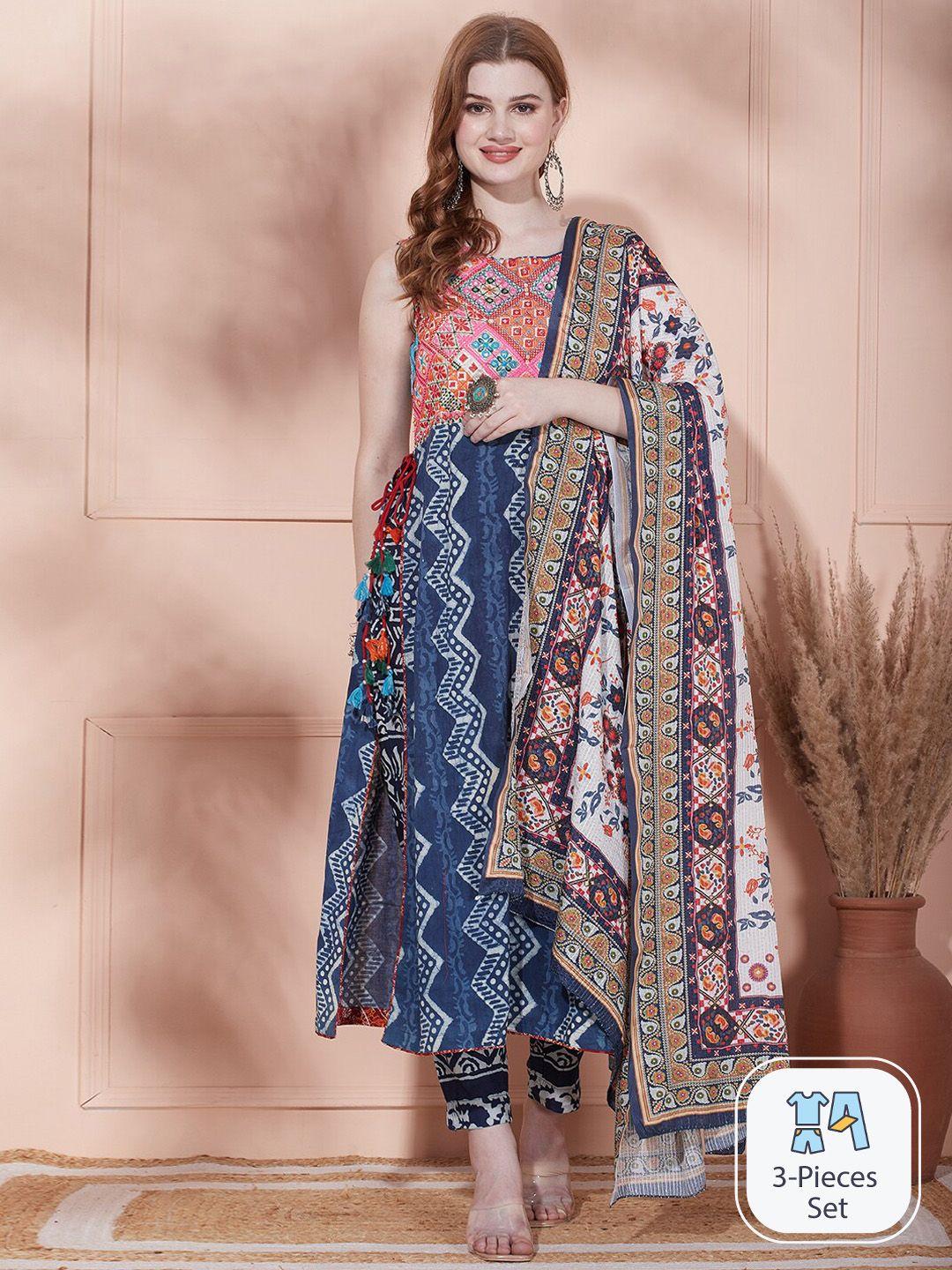 fashor ethnic motifs printed a-line kurta with trousers & dupatta