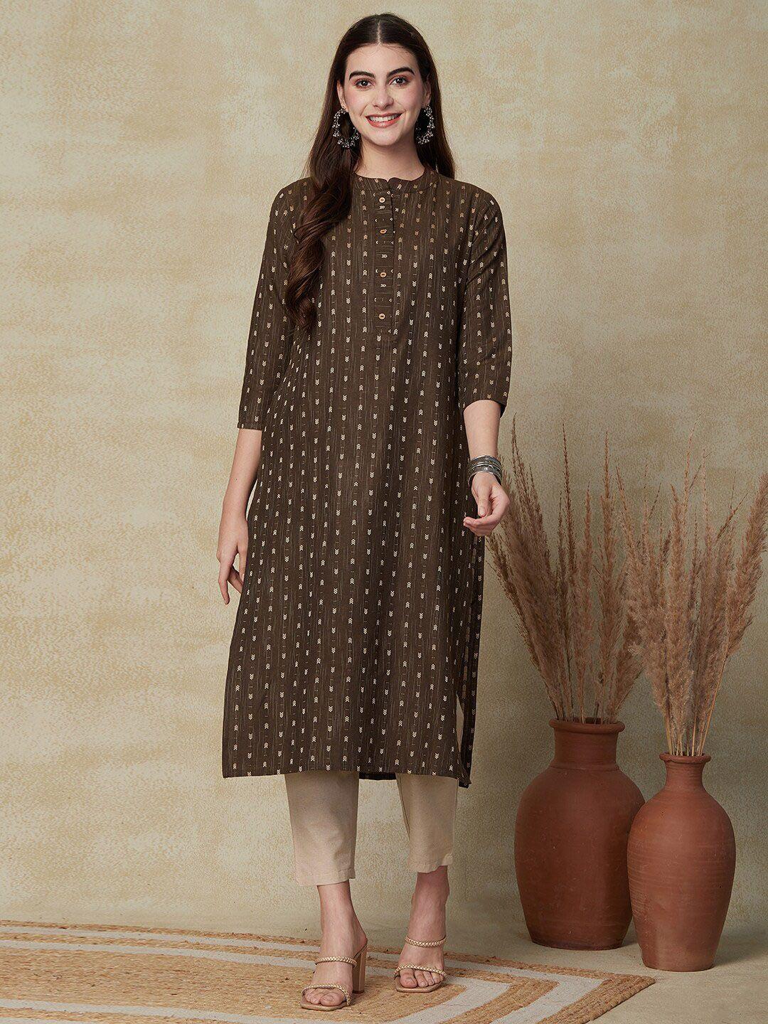 fashor ethnic motifs printed band collar regular kurta with trouser