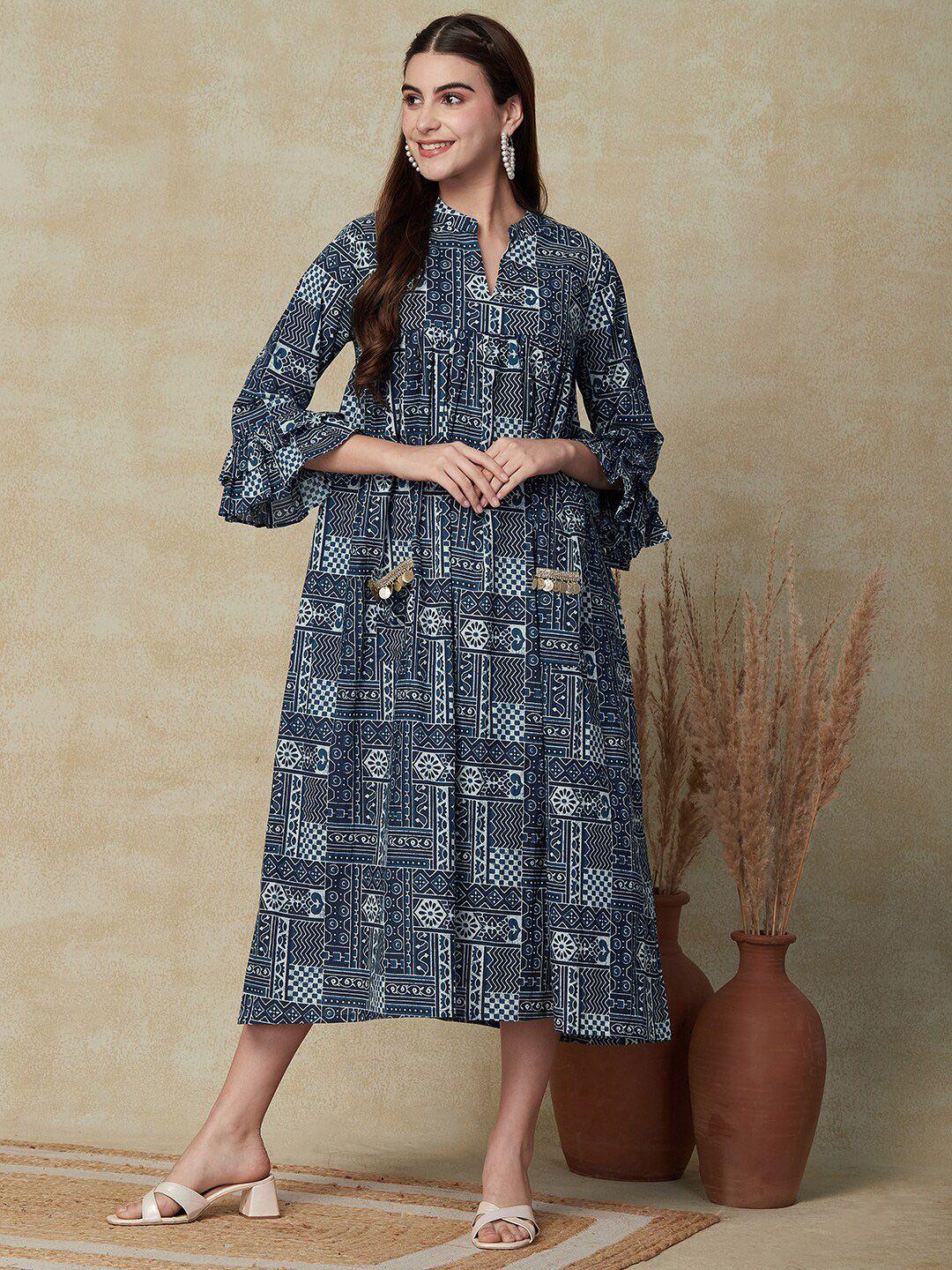 fashor ethnic motifs printed cotton bell sleeves a-line midi ethnic dress