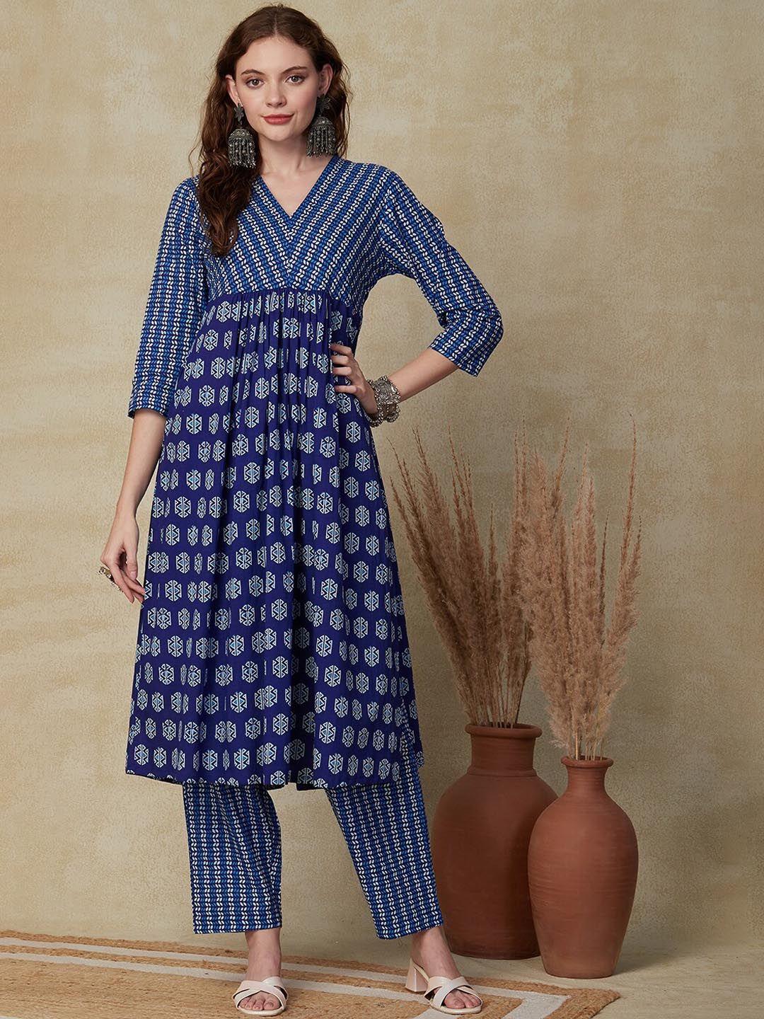 fashor ethnic motifs printed empire pure cotton kurta with trousers