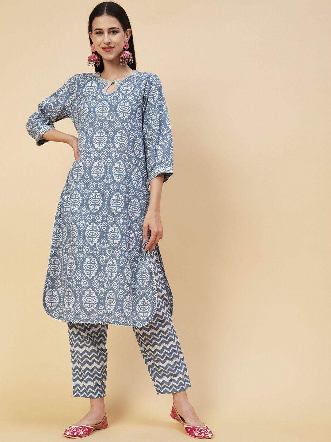 fashor ethnic motifs printed gotta patti curved pure cotton kurta with trousers