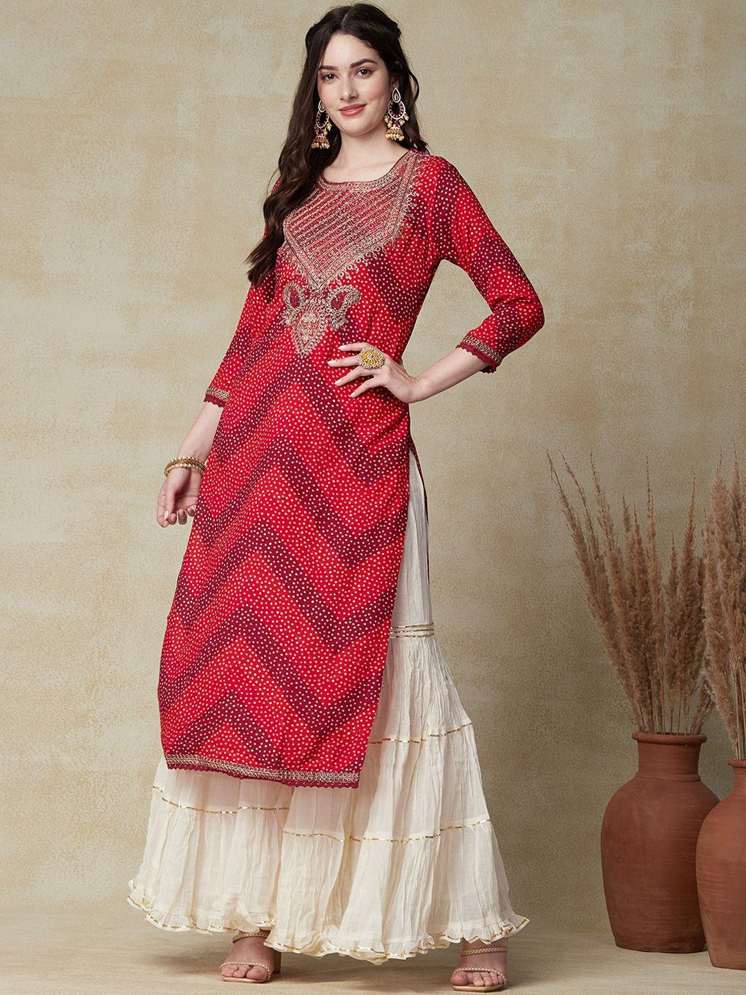 fashor ethnic motifs printed keyhole neck flared sleeves sequinned kurta