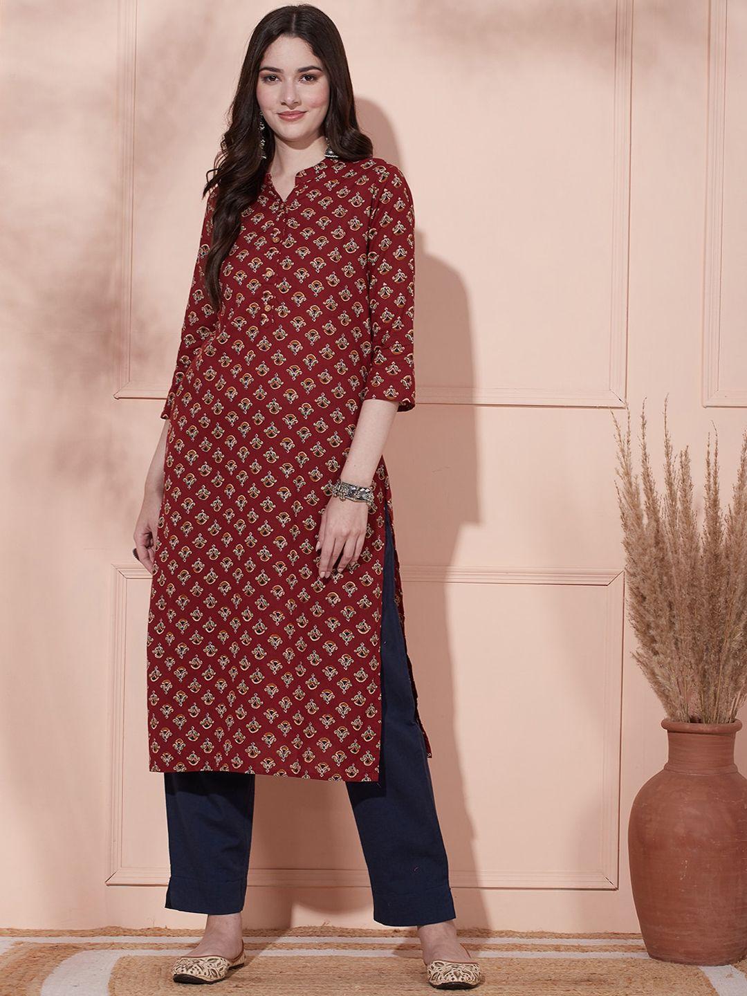 fashor ethnic motifs printed mandarin collar cotton straight kurta