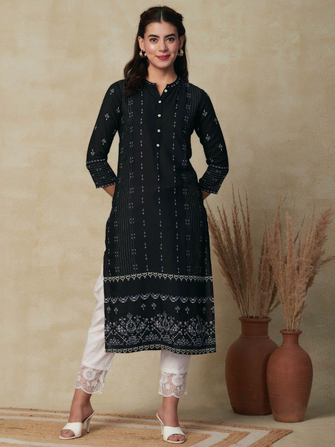 fashor ethnic motifs printed mandarin collar straight kurta