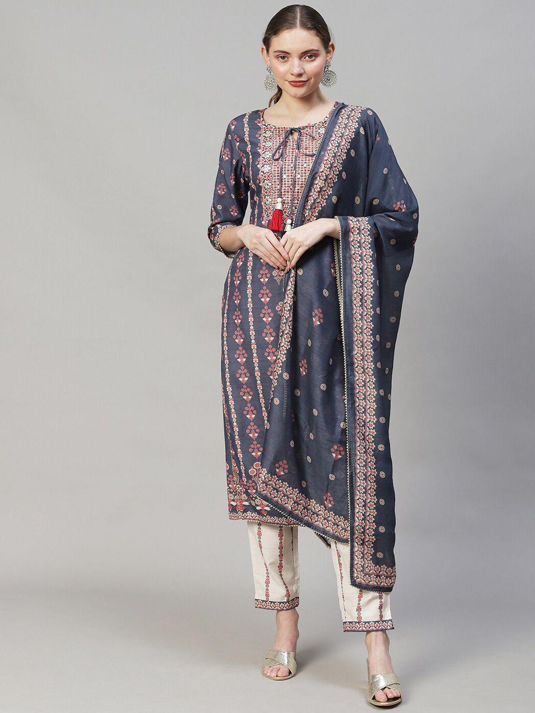 fashor ethnic motifs printed mirror work chanderi silk kurta with trousers & with dupatta