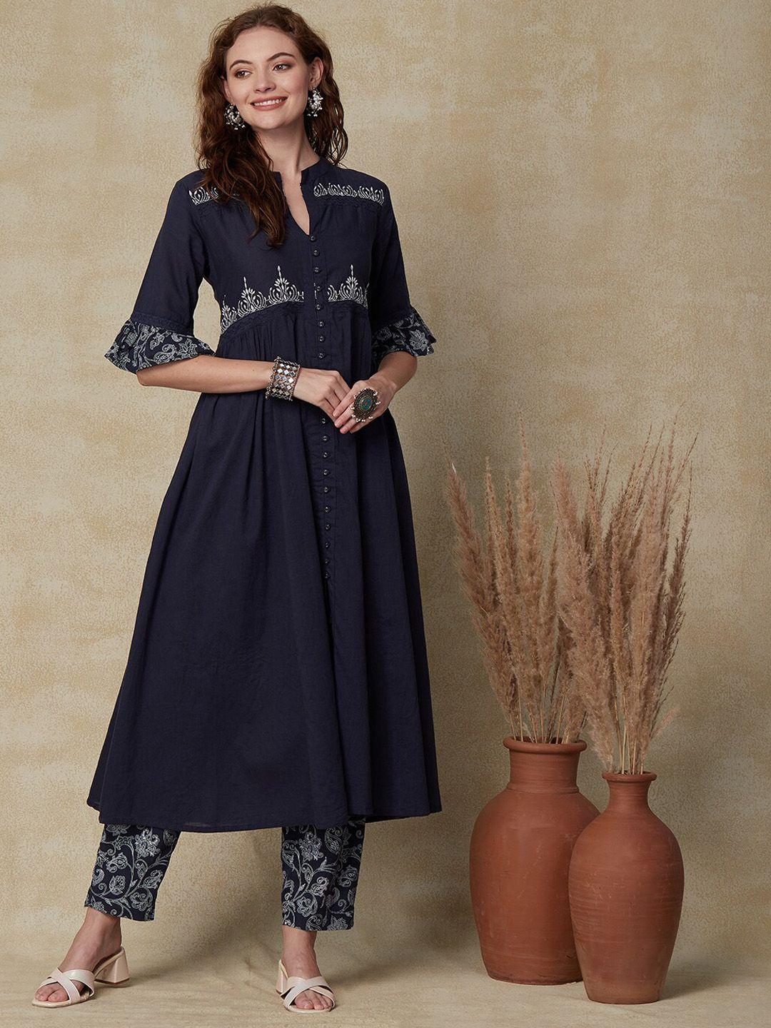 fashor ethnic motifs printed pure cotton a line kurta with trousers