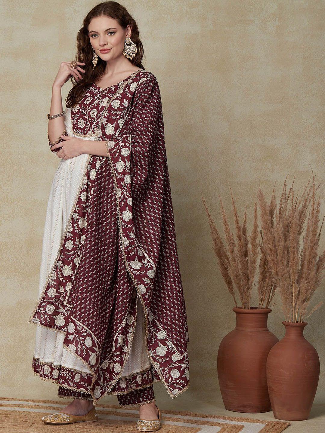 fashor ethnic motifs printed pure cotton panelled anarkali kurta & trousers with dupatta