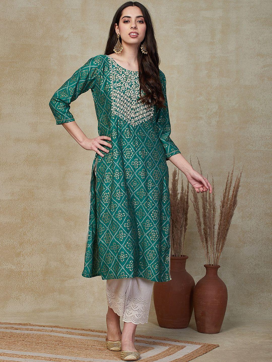 fashor ethnic motifs printed round neck three-quarter sleeves thread work kurta